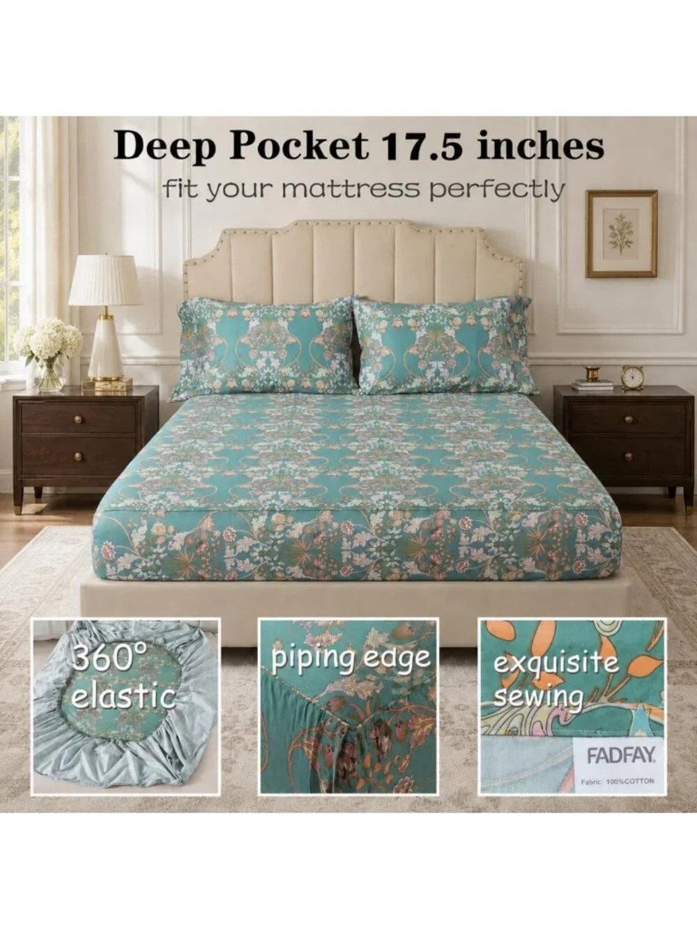 Luxury 100% Cotton Percale King Sheet Set - Teal Floral Print, Soft & Breathable